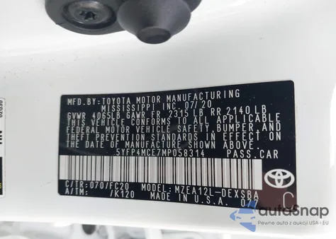 2021 Toyota Corolla Se from USA, damaged, VIN 5YFP4MCE7MP058314